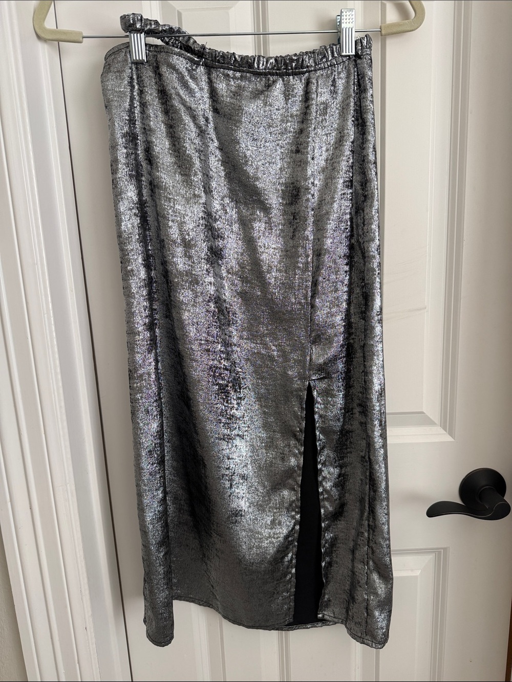 Metallic Silver Midi Skirt with Front Slit